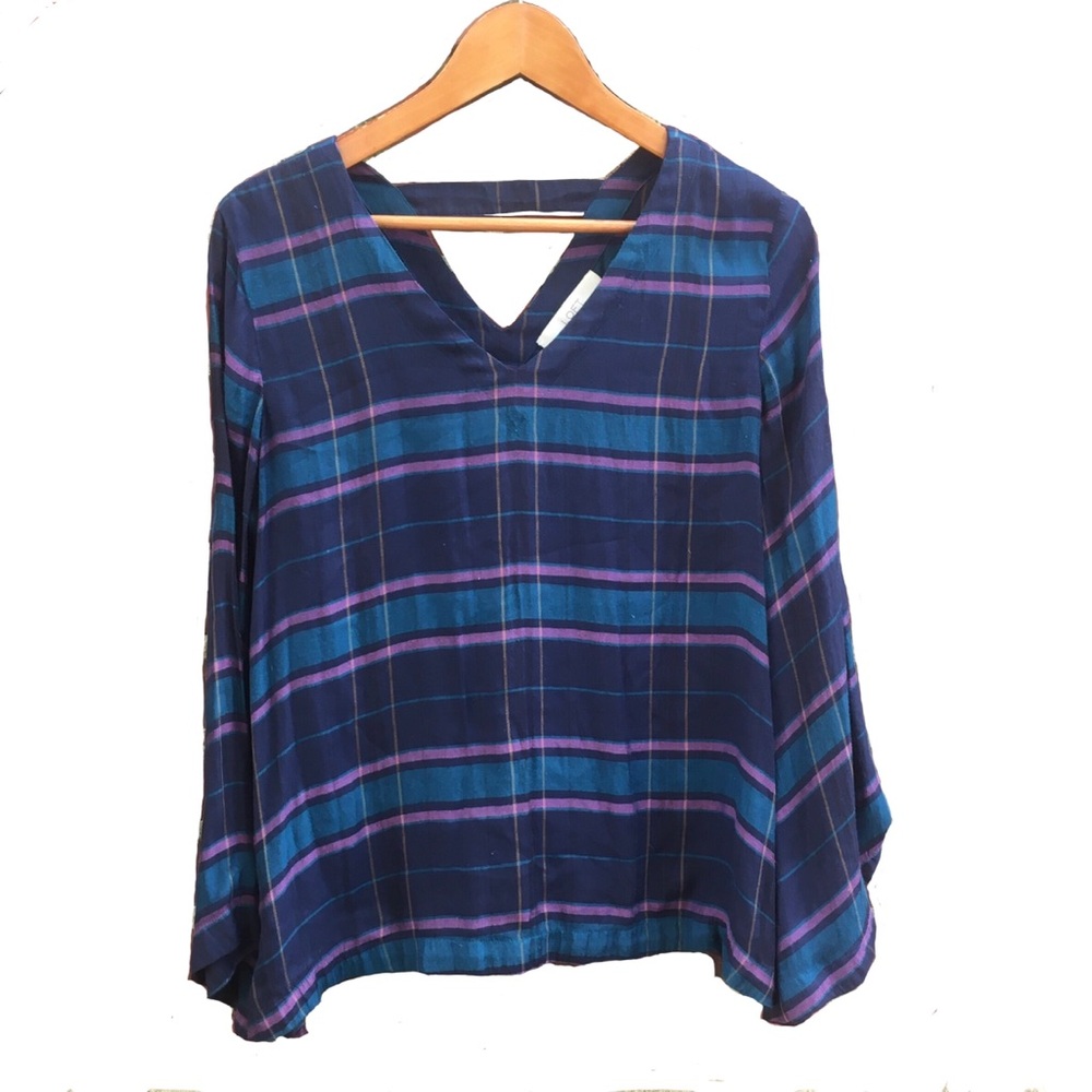 Loft Blouse Plaid Bell Sleeve Pullover V Neck Blouse S Small Navy Teal Purple